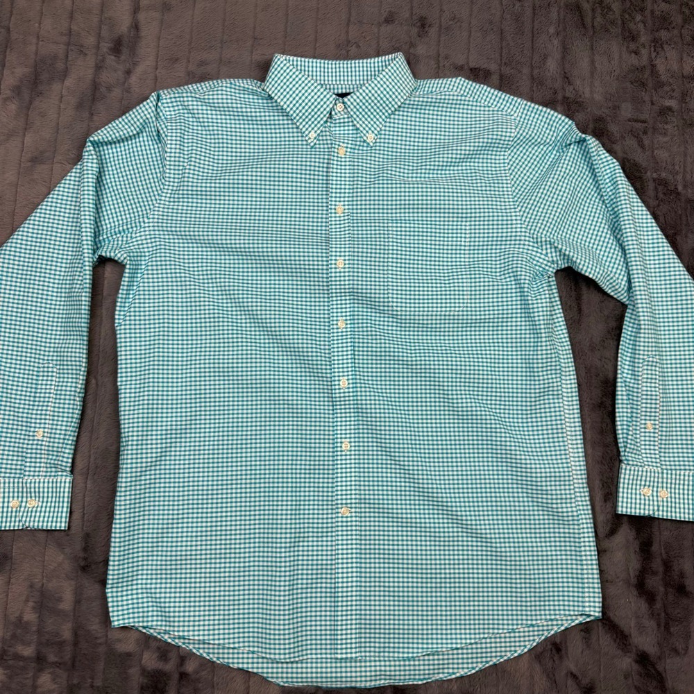 Stafford Travel Wrinkle-Free Oxford Shirt Mens 17.5 36-37 Teal Gingham Regular